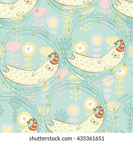 Cartoon Sleeping cat. Hand Drawn illustration. Seamless pattern