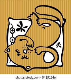 Cartoon sleeping cat isolated on a striped background.
