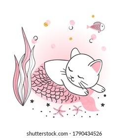 Cartoon sleeping cat mermaid vector illustration. Print for kids.