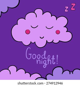 Cartoon sleeping cloud on violet background. Good night! Black frame. Vector illustration. EPS 10.  