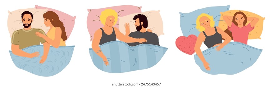 Pareja durmiente de la historieta en la Ilustración vectorial de vista superior de la cama