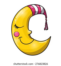 Cartoon sleeping crescent, demilune, half moon  in striped nightcap isolated on white background. Good night! 