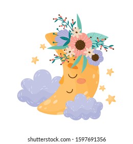 Cartoon Sleeping Crescent with Flower Wreath Vector Illustration
