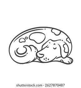 Cartoon sleeping dog curled up with closed eyes and spots. Monochrome doodle outline, minimal and cute. Great for coloring pages, kids designs, stickers, clipart, or pet themed projects.