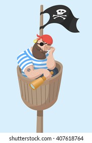 Cartoon Sleeping Hipster Pirate Sitting in Wooden Crows Nest. Cute Vector Character Illustration