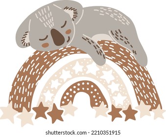 Dibujo durmiendo arte vectorial de koala cub dibujado a mano. Diseño de estampado de camisetas infantiles con oso marsupial australiano que duerme en arco iris con estrellas. Soñando el clímax vector koala aislado en fondo blanco.