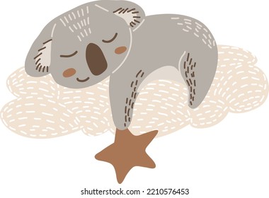 Cartoon sleeping koala cub hand drawn vector art. Childish t-shirt print design with australian marsupial bear sleep on cloud with star. Dreaming koala vector clipart isolated on white background.