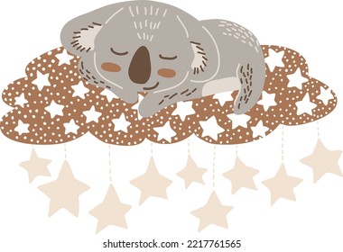 Cartoon sleeping koala cub hand drawn vector art. Childish t-shirt print design with australian marsupial bear sleep on cloud with stars. Dreaming koala vector clipart isolated on white background.