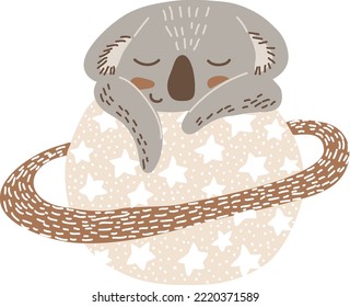 Cartoon sleeping koala cub hand drawn vector art. Childish t-shirt print design with australian marsupial bear sleep on planet with stars. Dreaming koala vector clipart isolated on white background.