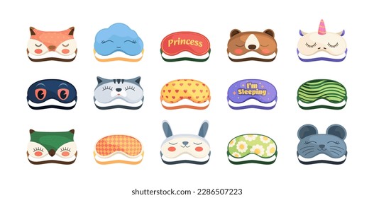 Cartoon sleeping masks. Cute face blindfold mockups, tired sleepy animal face protection, night spa accessories. Vector isolated set. Bedtime nightwear collection with bear, cat, owl and fox