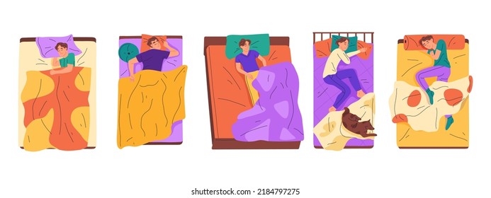 Cartoon sleeping men, resting male characters in beds. Bedtime scenes, young guys sleeping in beds under blankets flat vector symbols illustration set. Asleep people collection