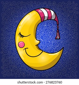 Cartoon sleeping moon, crescent, demilune, half moon, halfmoon, in striped nightcap on beautiful dark blue background with curves. Good night! 