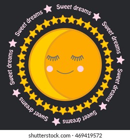 Cartoon sleeping moon face vector illustration, Moon and stars, Inspirational words Sweet dreams