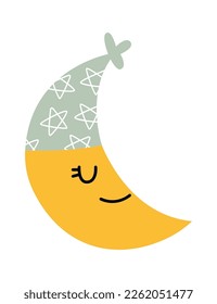 Cartoon sleeping moon in nightcap flat icon. Vector illustration