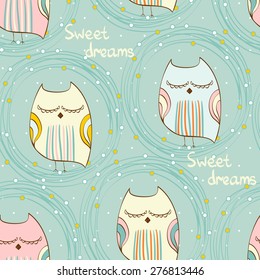 Cartoon Sleeping owl. Cute Hand Drawn  seamless pattern