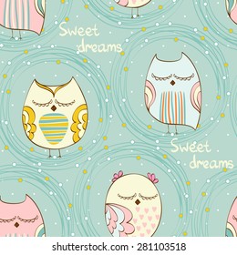 Cartoon Sleeping owl. Cute Hand Drawn  seamless pattern