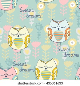 Cartoon Sleeping owl. Cute Hand Drawn seamless pattern