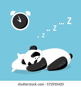 Cartoon sleeping panda on the pillow and alarm clock. Vector illustration.