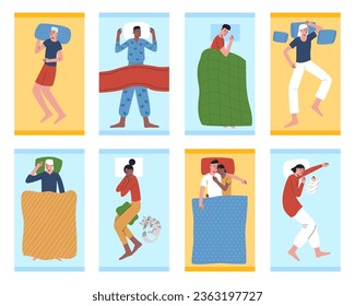 Cartoon sleeping people. Men and women slumbering in different poses. Nighttime relaxation. Couples lying in beds. Parents with kids napping under blanket. Resting