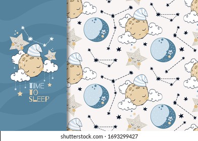 Cartoon sleeping planet and stars. Card template and seamless pattern set. Hand drawn illustration. Textile surface design.