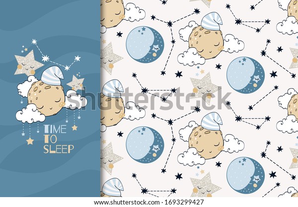 Cartoon
sleeping planet and stars. Card template and seamless pattern set.
Hand drawn illustration. Textile surface
design.