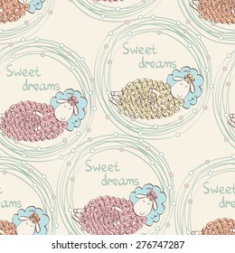 Cartoon Sleeping sheep. Cute Hand Drawn  seamless pattern