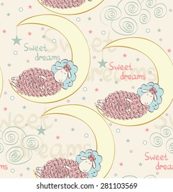 Cartoon Sleeping sheep. Cute Hand Drawn  seamless pattern