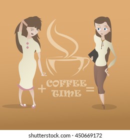 Cartoon sleepy and cheerful young woman characters and coffee cup hand drawn emblem vector illustration