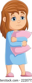 Cartoon sleepy girl standing with hugging pillow