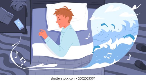 Cartoon Sleepy Guy Character In Pajamas Lying On Bed Pillow In Bedroom, Sleeping Better To Good Music Background. Healthy Sleep At Night, Young Man Listening Calm Music In Phone Vector Illustration.