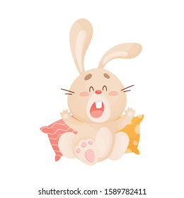 Cartoon Sleepy Hare Sitting on Pillow and Yawning Vector Illustration