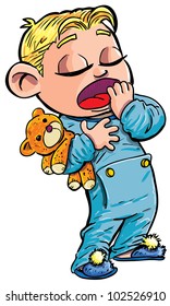 Cartoon of sleepy little boy yawning. He was a teddy. Isolated