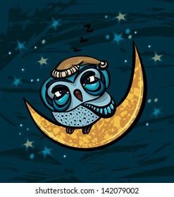 Cartoon sleepy owl sitting on a yellow month on a starry night sky background