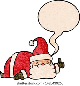 cartoon sleepy santa giving thumbs up symbol with speech bubble in retro texture style