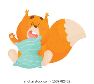 Cartoon Sleepy Squirrel Holding Pillow and Yawning Vector Illustration