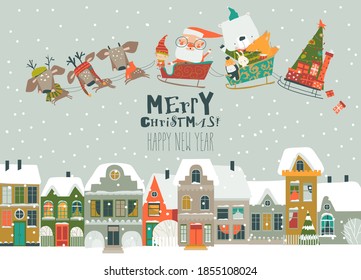 Cartoon sleigh with Santa Claus and animals fly above the snowing town