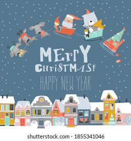 Cartoon sleigh with Santa Claus and animals fly above the snowing town