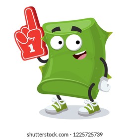 cartoon slice aloe vera character mascot with the number 1 one sports fan hand glove on a white background