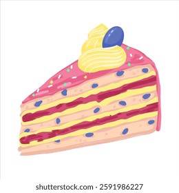 Cartoon slice of birthday cake with blue raisin, jam and cream. A piece of pie. Hand drawn flat vector illustration isolated on a white background.