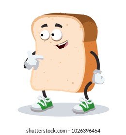 cartoon slice of bread mascot showing himself on a white background