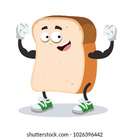 cartoon slice of bread mascot shows its strength on a white background