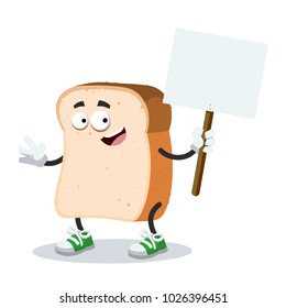 cartoon slice of bread mascot with tablet in hand on white background