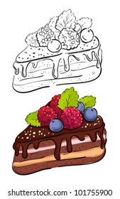 Cartoon slice of cake. Color and retro version of the contour.