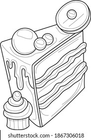 Cartoon Stück Kuchen mit Keks, Cupcakes und Sprinklen Skizze Tempel. Vektorgrafik auf Schwarz-Weiß für Spiele, Hintergrund, Muster, Dekoration. Farbpapier, Seite, Geschichtenbuch, Druck