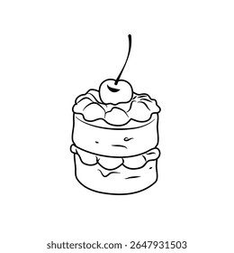 Cartoon slice of chocolate cake is decorated with cream and topped with cherries, creating a sweet treat illustration Perfect for food themed designs.