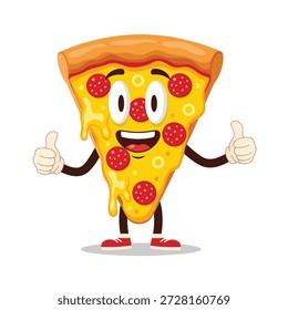 Una rebanada de dibujos animados de pizza de pepperoni con una cara sonriente, brazos y piernas, dando un gesto de doble pulgar hacia arriba.