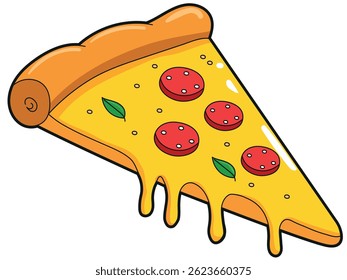 Desenho animado de uma fatia de pizza com queijo e salsicha de pepperoni, Elemento de design Fast food