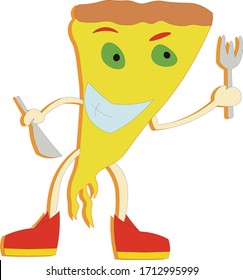 Cartoon slice of pizza with face made of olives, with a grin, with arms and legs and shoes, holding a fork and a knife; Creepy pizza illustation