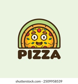 Desenho animado uma fatia de pizza com um feliz rosto sorridente logotipo mascote personagem