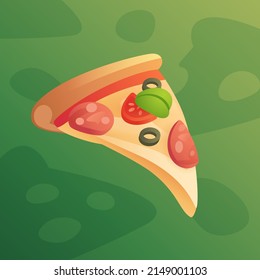 A cartoon slice of pizza hovers on a green background. Ideal for developing websites, menus, business cards, banners, posters, covers, flyers.